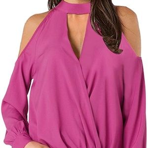 NWT YOINS Cold Shoulder Long Sleeve Blouse with Choker Neck, Rose Pink, Size XS